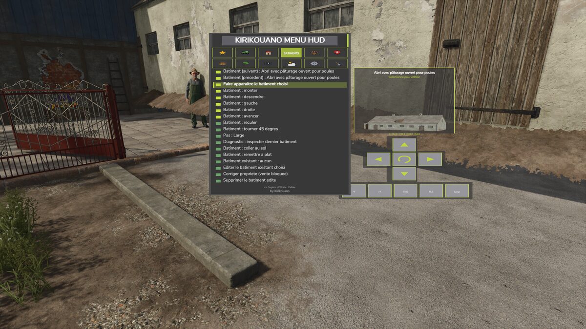 Croix directionnelle du mod utilisée pour positionner un bâtiment dans Farming Simulator 25, avec aperçu photo du bâtiment sélectionné.